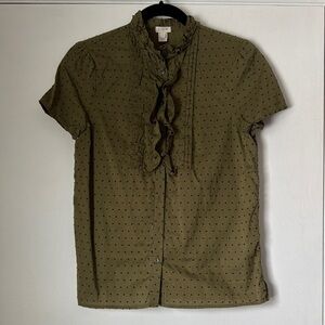 J. Crew Olive Polka Dot Ruffle Front Button Down Top